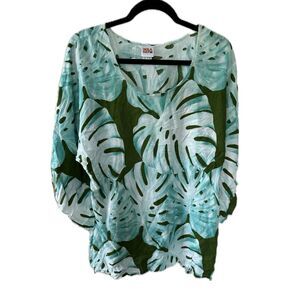 Hula Bay Women's Green Hawaiian Monstera Flowy Waterfall Bell Sleeves Blouse XL